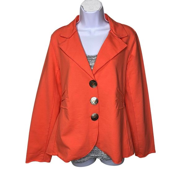 Neon Buddha Size Medium Button Front Blazer Jacket Coral Stretch Knit Bright EUC - Picture 1 of 7